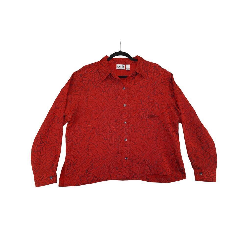 Chico’s Design Red Textured Leaf Button-Up Blouse